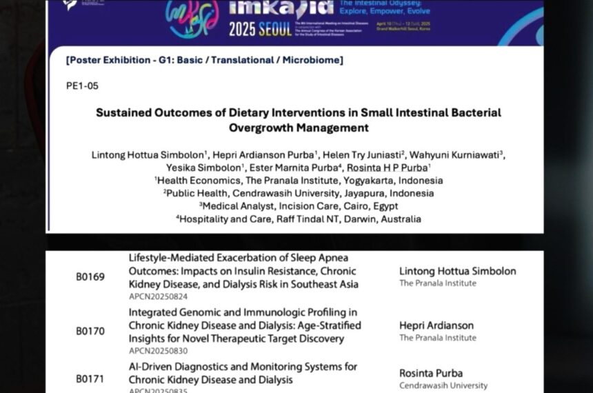 Conference poster slide showing the study title 'Sustained Outcomes of Dietary Interventions in Small Intestinal Bacterial Overgrowth Management' with author list and affiliations; IMKA 2025 Seoul branding at top.