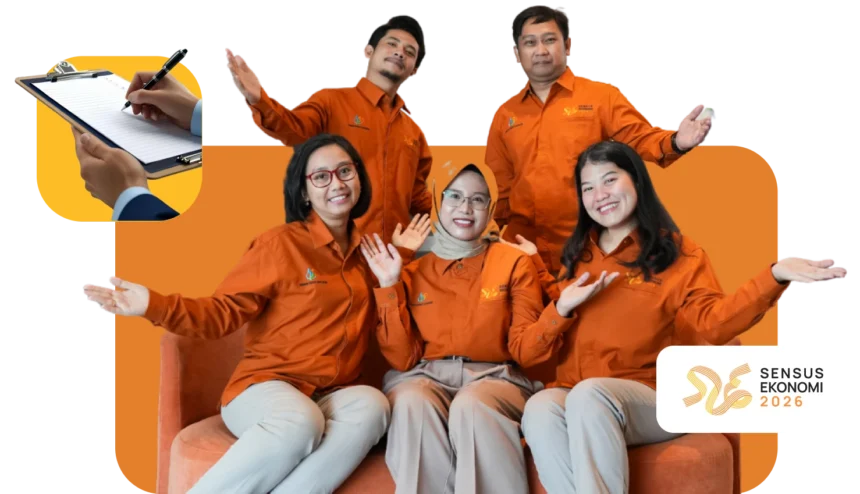 Group of five people in orange uniforms sit on an orange sofa, smiling and waving; Sensus Ekonomi 2026 logo visible in the corner.