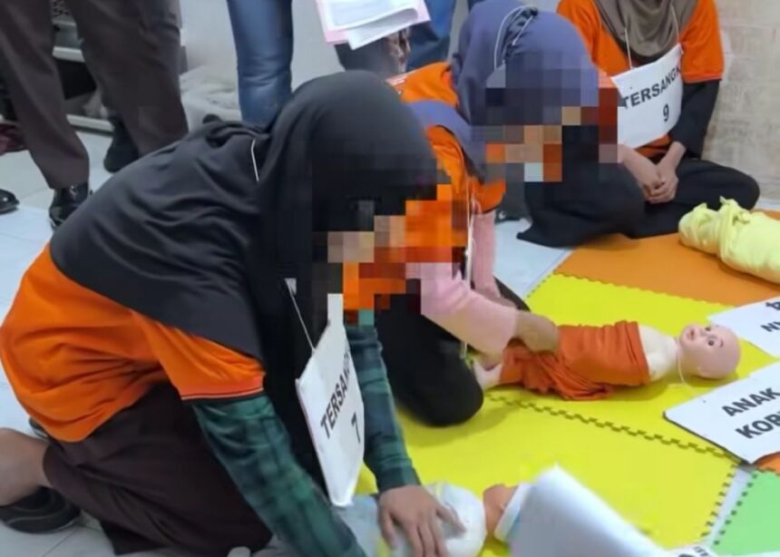 REKONSTRUKSI: Tersangka melakukan rekonstruksi kasus kekerasan anak di daycare. (Sumber: instagram polrestajogja)